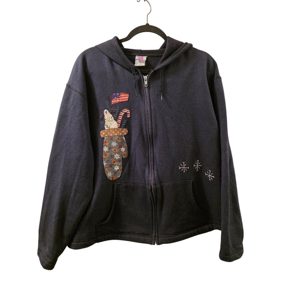 Vtg 90s Handmade Winter Embroidered Patchwork Full Zip Sweatshirt Hanes Sz M